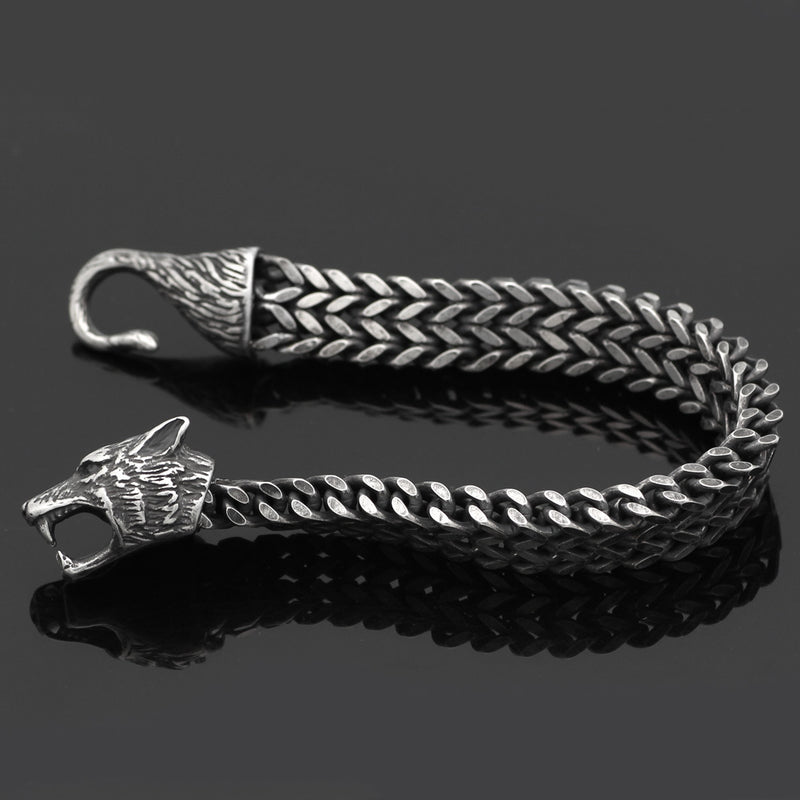 Bracelet Men Stainless Steel Vintage Black Wolf Head